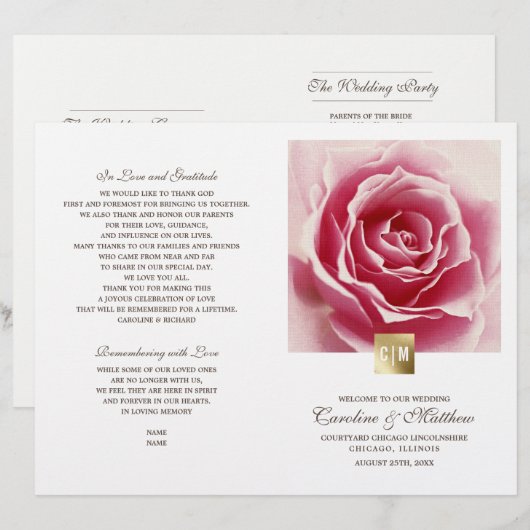 ロマンチックなピンクのバラ |ゴールドフォイル結婚式 プログラム (正面/裏面)