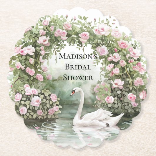 ロマンチックなピンクのバラ スワン湖 フラワーブライダルシャワー ペーパーコースター (正面)