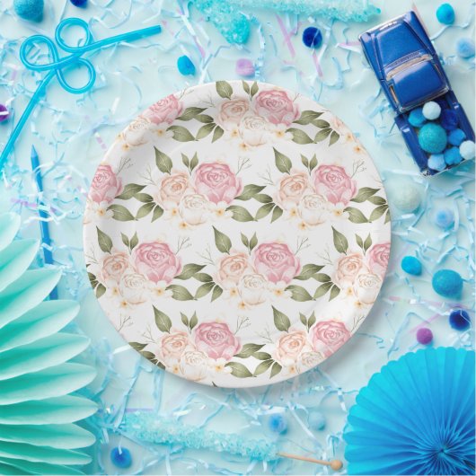 ロマンチックなピンクのフローラの水色の結婚スクリプト ペーパープレート (パーティー)