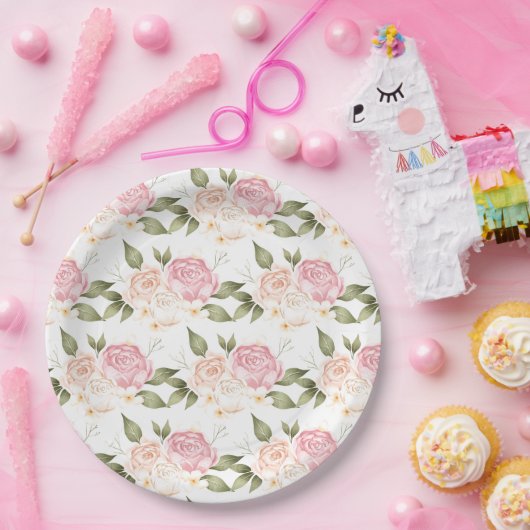 ロマンチックなピンクのフローラの水色の結婚スクリプト ペーパープレート (パーティー)