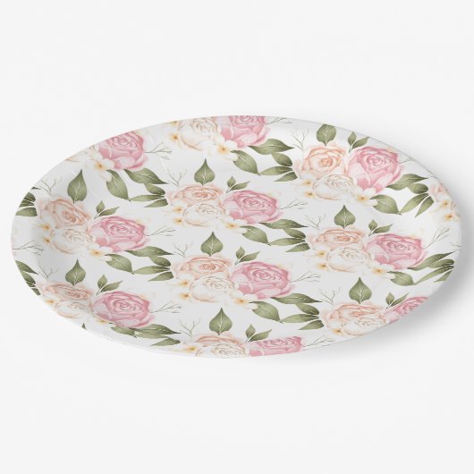 ロマンチックなピンクのフローラの水色の結婚スクリプト ペーパープレート (アングル)