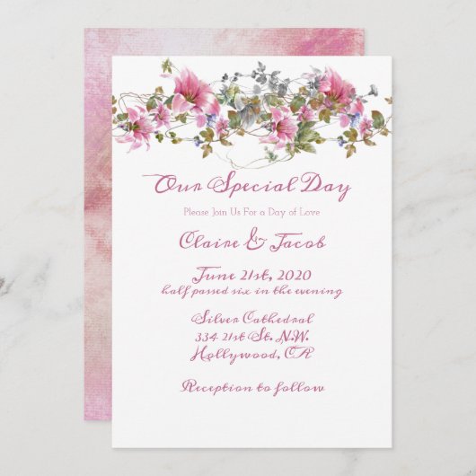 ロマンチックなピンクのフローラの結婚水色 招待状 (正面/裏面)