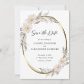 ロマンチックなピンクのフローラエレガントの葉の金ゴールドフレーム セーブザデート (正面)