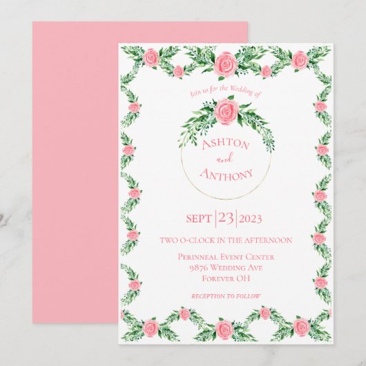 ロマンチックなピンクのフローラグリーン結婚リータイポグラフィI 招待状 (正面/裏面)