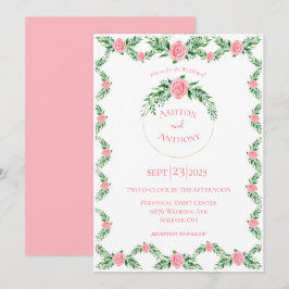 ロマンチックなピンクのフローラグリーン結婚リータイポグラフィI 招待状