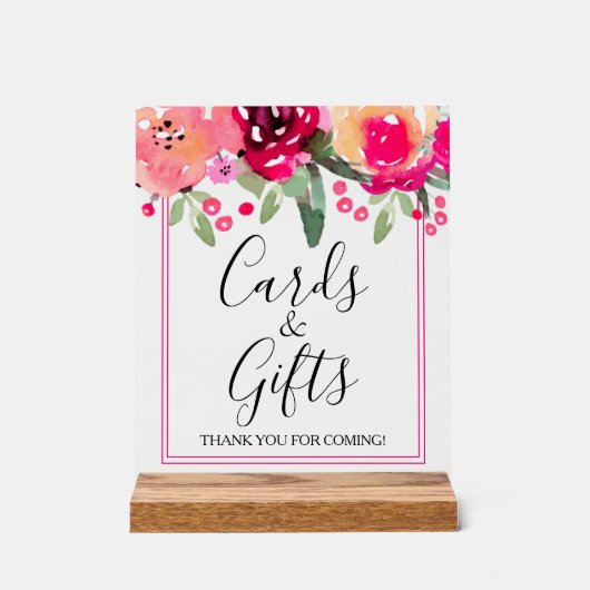 ロマンチックなピンクのフローラブライダルシャワーカード&ギフト アクリルサイン (正面)