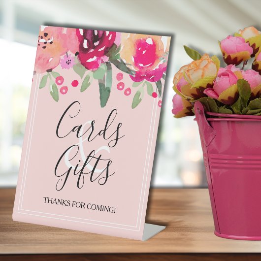 ロマンチックなピンクのフローラブライダルシャワーカード&ギフト 台座サイン