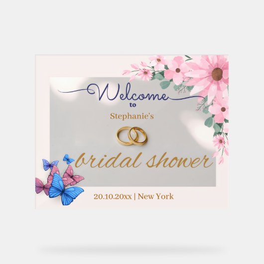 ロマンチックなピンクのフローラブライダルシャワー歓迎ポスター アクリルサイン (正面)