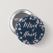 ロマンチックなピンクのフローラボタンリースメイド・オブ・オーナー（花嫁付き添い人） 缶バッジ (正面&裏面)