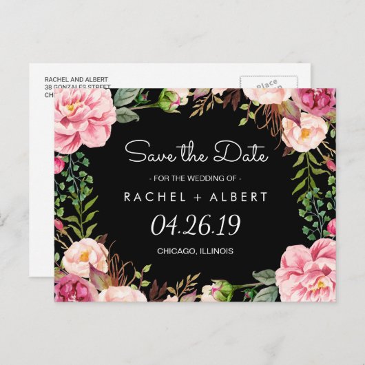 ロマンチックなピンクのフローラ古典的な結婚式の日付を保存 案内ポストカード (正面/裏面)