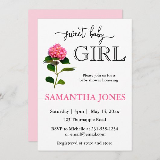 ロマンチックなピンクのフローラ植物性ベビーシャワー 招待状 (正面/裏面)