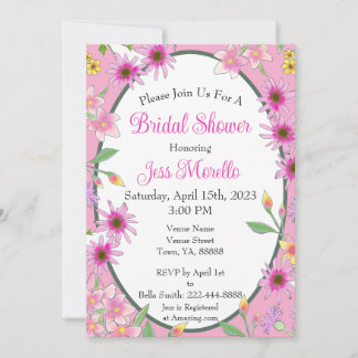 ロマンチックなピンクのフローラ水彩ブライダルシャワー 招待状