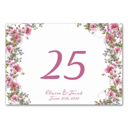 ロマンチックなピンクのフローラ水色スクリプト テーブルナンバー (正面)