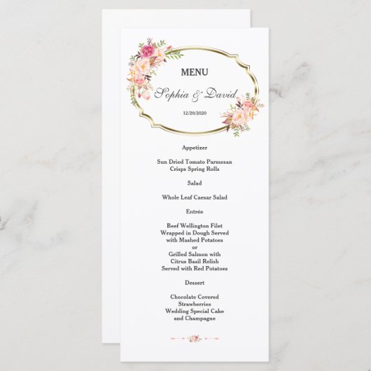 ロマンチックなピンクのフローラ金ゴールド結婚フレームのメニュー メニュー (正面/裏面)