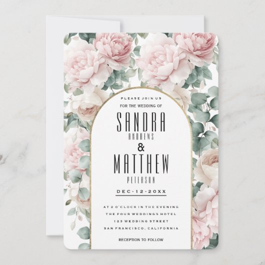 ロマンチックなピンクのミント牡丹ユーカリフローラ結婚ズ 招待状 (正面)