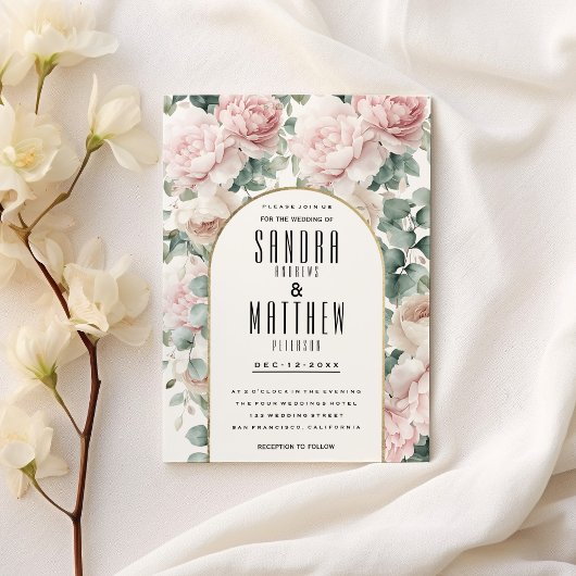 ロマンチックなピンクのミント牡丹ユーカリフローラ結婚ズ 招待状