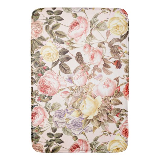 ロマンチックなピンクのヴィンテージのばら色の花模様 バスマット (正面縦)