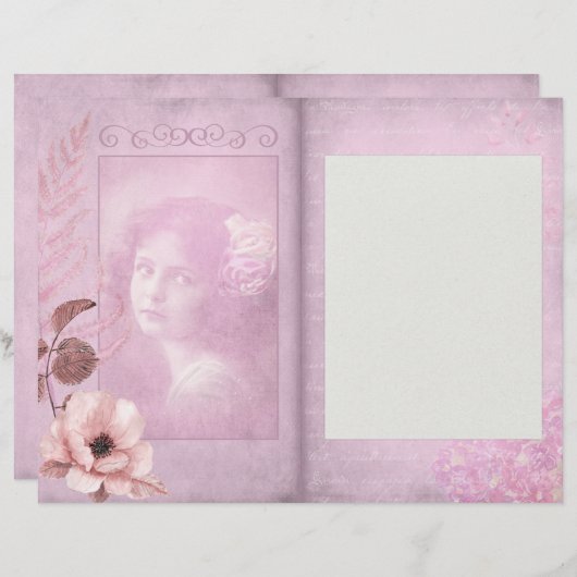 ロマンチックなピンクのヴィンテージジャーナルのスクラップブックページ (正面/裏面)