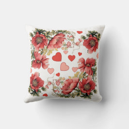 ロマンチックなピンクのヴィンテージポピーとハート クッション