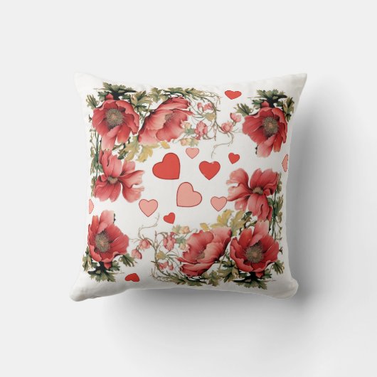 ロマンチックなピンクのヴィンテージポピーとハート クッション (裏面)