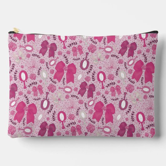 ロマンチックなピンクの弓とバラ アクセサリーポーチ (正面)