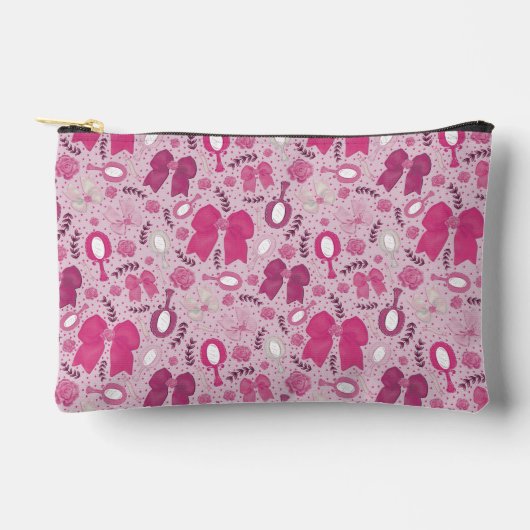 ロマンチックなピンクの弓とバラ アクセサリーポーチ (正面)