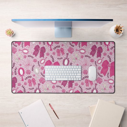 ロマンチックなピンクの弓とバラ デスクマット (オフィス1)