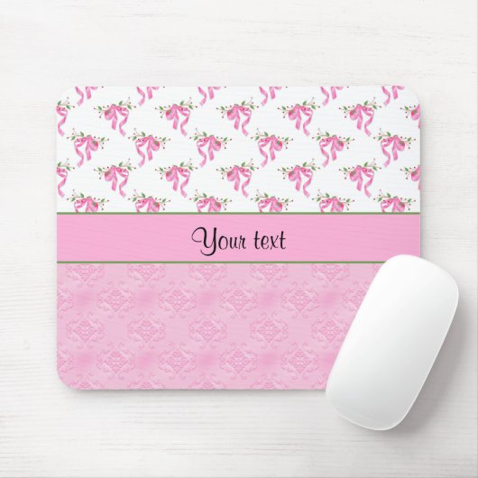 ロマンチックなピンクの弓及びかわいらしいピンクのダマスク織 マウスパッド (マウス)