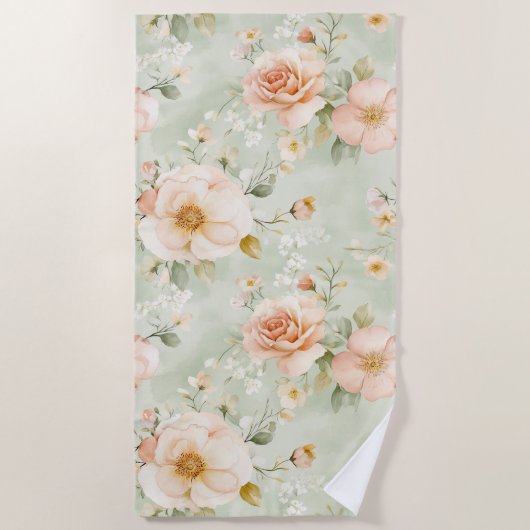 ロマンチックなピンクの桃のミントの可愛いバラの花 ビーチタオル (正面)