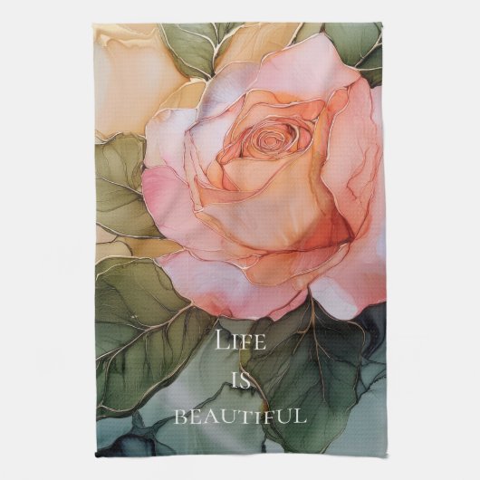 ロマンチックなピンクの桃の花のブライダルシャワー キッチンタオル (縦)