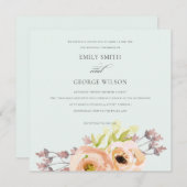 ロマンチックなピンクの桃赤面ソフトブルーフローラ結婚ズ 招待状 (正面/裏面)