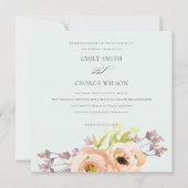 ロマンチックなピンクの桃赤面ソフトブルーフローラ結婚ズ 招待状 (正面)