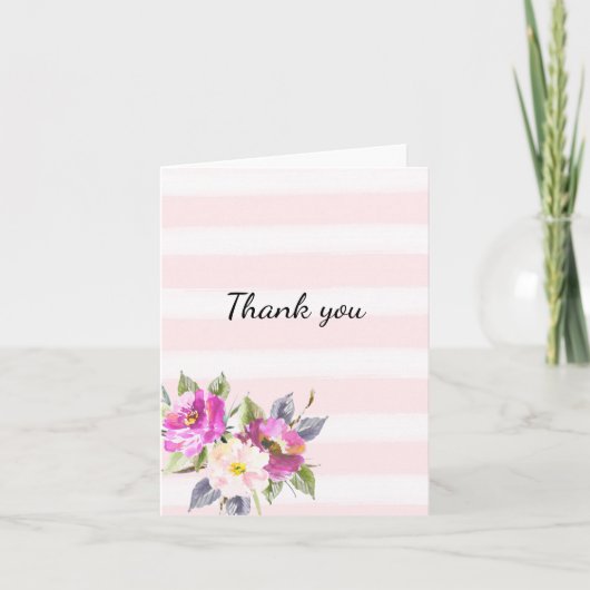 ロマンチックなピンクの水の色のストライプフローラありがとう サンキューカード (正面)