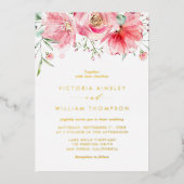 ロマンチックなピンクの水の色のバラ結婚フローラ 箔招待状 (正面)