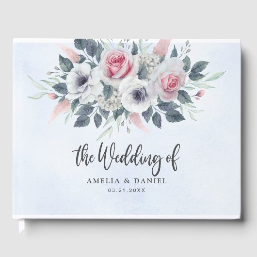 ロマンチックなピンクの水の色のフローラ結婚ズブルー ゲストブック (正面)