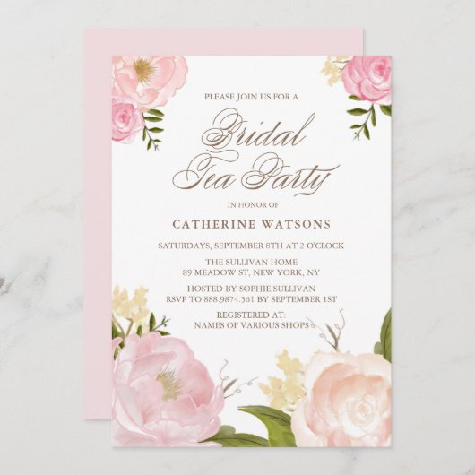 ロマンチックなピンクの水の色の花ブライダル茶パーティー 招待状 (正面/裏面)