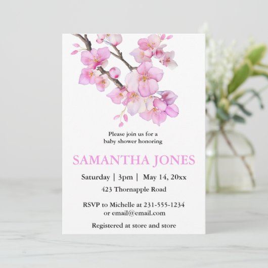 ロマンチックなピンクの水色のさくらんぼの花 招待状 (スタンド正面)