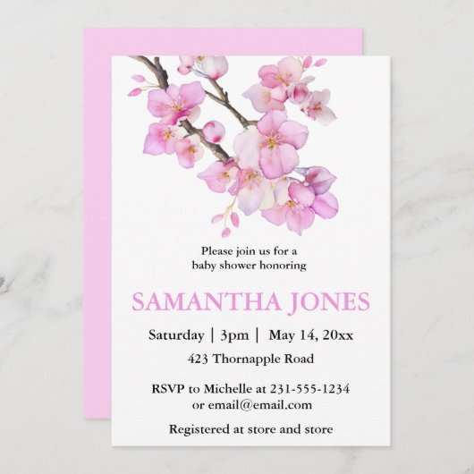 ロマンチックなピンクの水色のさくらんぼの花 招待状 (正面/裏面)