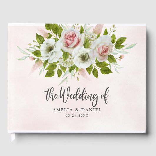 ロマンチックなピンクの水色のフローラ結婚ズ ゲストブック (正面)