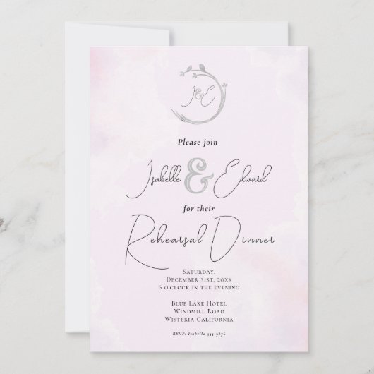 ロマンチックなピンクの水色グレーの愛の鳥モノグラム 招待状 (正面)