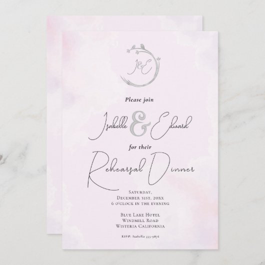 ロマンチックなピンクの水色グレーの愛の鳥モノグラム 招待状 (正面/裏面)