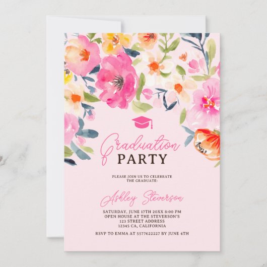 ロマンチックなピンクの水色フローラ卒業写真 招待状 (正面)