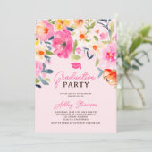 ロマンチックなピンクの水色フローラ卒業写真 招待状 (スタンド正面)