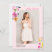 ロマンチックなピンクの水色フローラ卒業写真 招待状 (裏面)