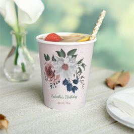 ロマンチックなピンクの白いネイビーの花と緑の葉 紙コップ