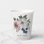 ロマンチックなピンクの白いネイビーの花と緑の葉 紙コップ (裏面)