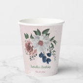 ロマンチックなピンクの白いネイビーの花と緑の葉 紙コップ (正面)