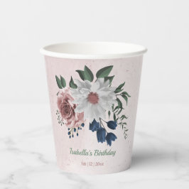 ロマンチックなピンクの白いネイビーの花と緑の葉 紙コップ