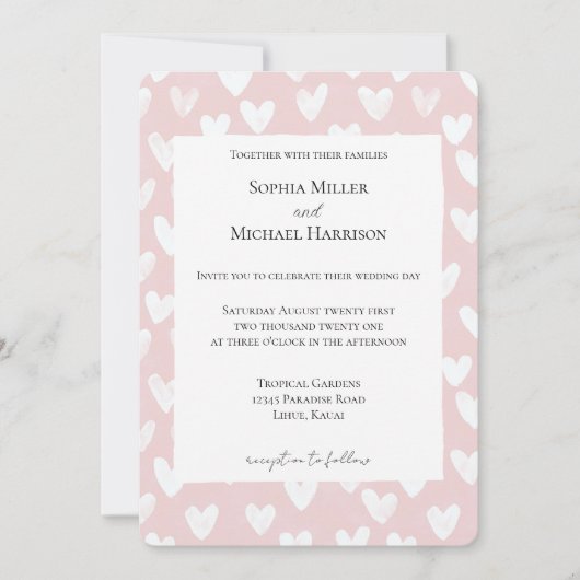 ロマンチックなピンクの白いハート結婚ズ 招待状 (正面)