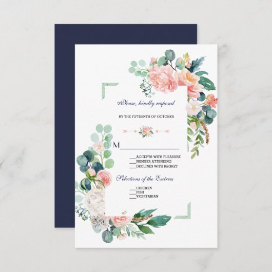 ロマンチックなピンクの白い花のフレーム結婚ズ 出欠カード (正面/裏面)